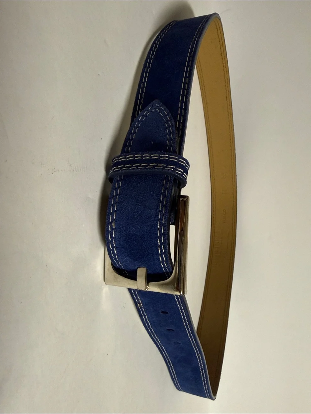 Donald J. Pliner Navy Suede Belt with White Stitching 38